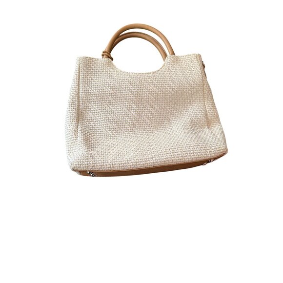 Fossil Woven Straw & Leather Bag Key Accent Dual Top Handles Zipper Beige & Tan - Picture 1 of 7